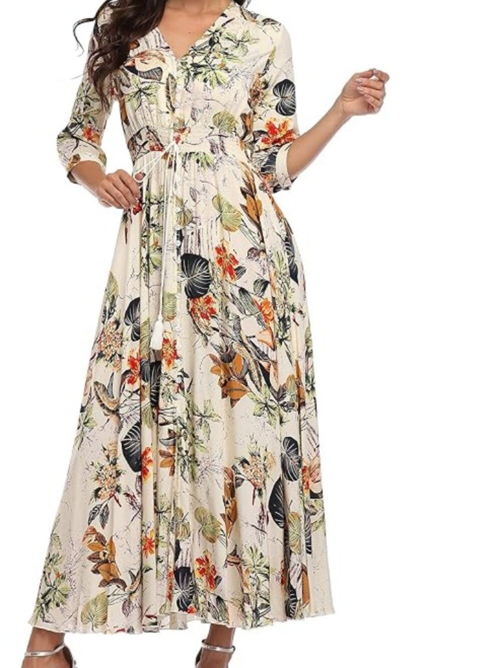 BestWendding Apricot Floral Boho Rayon Maxi Dress Button Front Size L